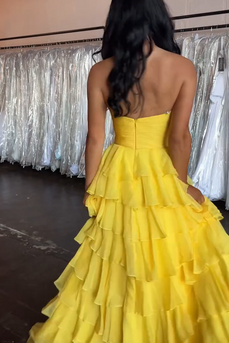 Yellow Sweetheart A Line Tiered Long Chiffon Prom Dress