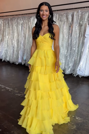 Yellow Sweetheart A Line Tiered Long Chiffon Prom Dress