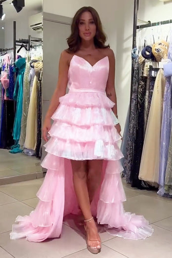 Pink Strapless Tiered High Low Long Prom Dress