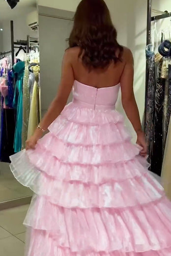 Pink Strapless Tiered High Low Long Prom Dress