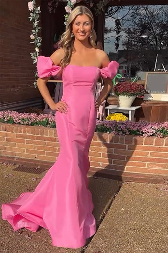 Pink Mermaid Off The Shoulder Satin Long Prom Dress