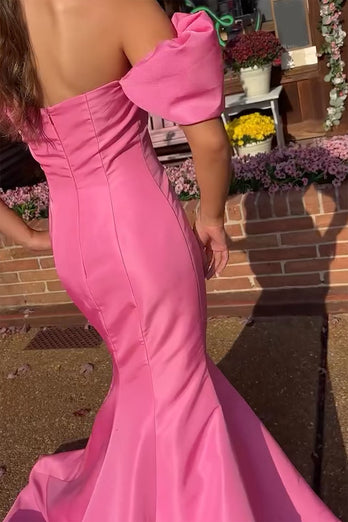 Pink Mermaid Off The Shoulder Satin Long Prom Dress