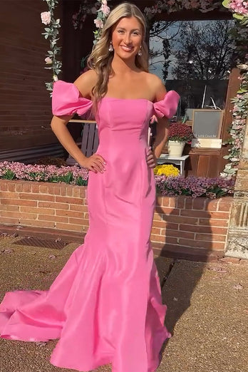 Pink Mermaid Off The Shoulder Satin Long Prom Dress