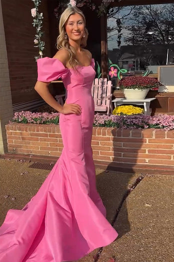 Pink Mermaid Off The Shoulder Satin Long Prom Dress