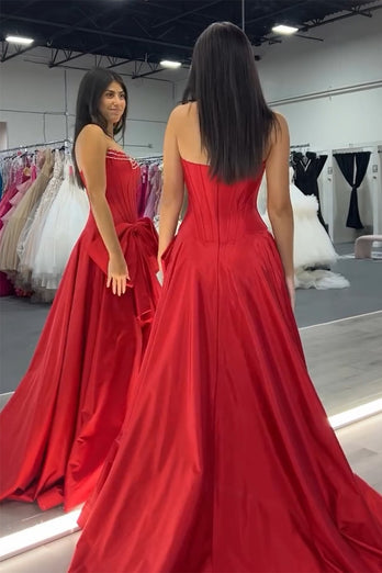 Sparkly Red Corset Beaded Bow Long Prom Dress with Slit