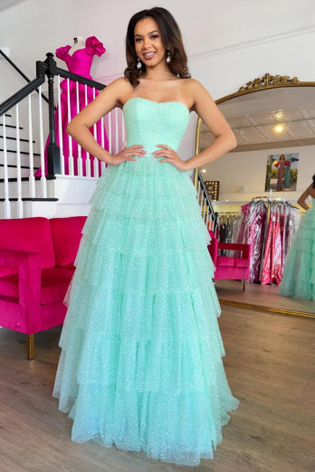 Sparkly Mint Strapless Tiered Long Prom Dress with Slit