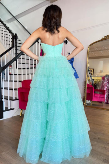 Sparkly Mint Strapless Tiered Long Prom Dress with Slit