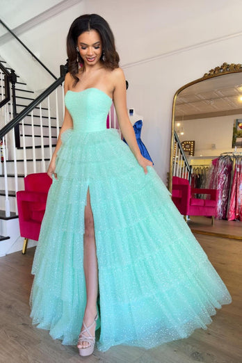 Sparkly Mint Strapless Tiered Long Prom Dress with Slit