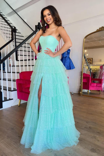 Sparkly Mint Strapless Tiered Long Prom Dress with Slit