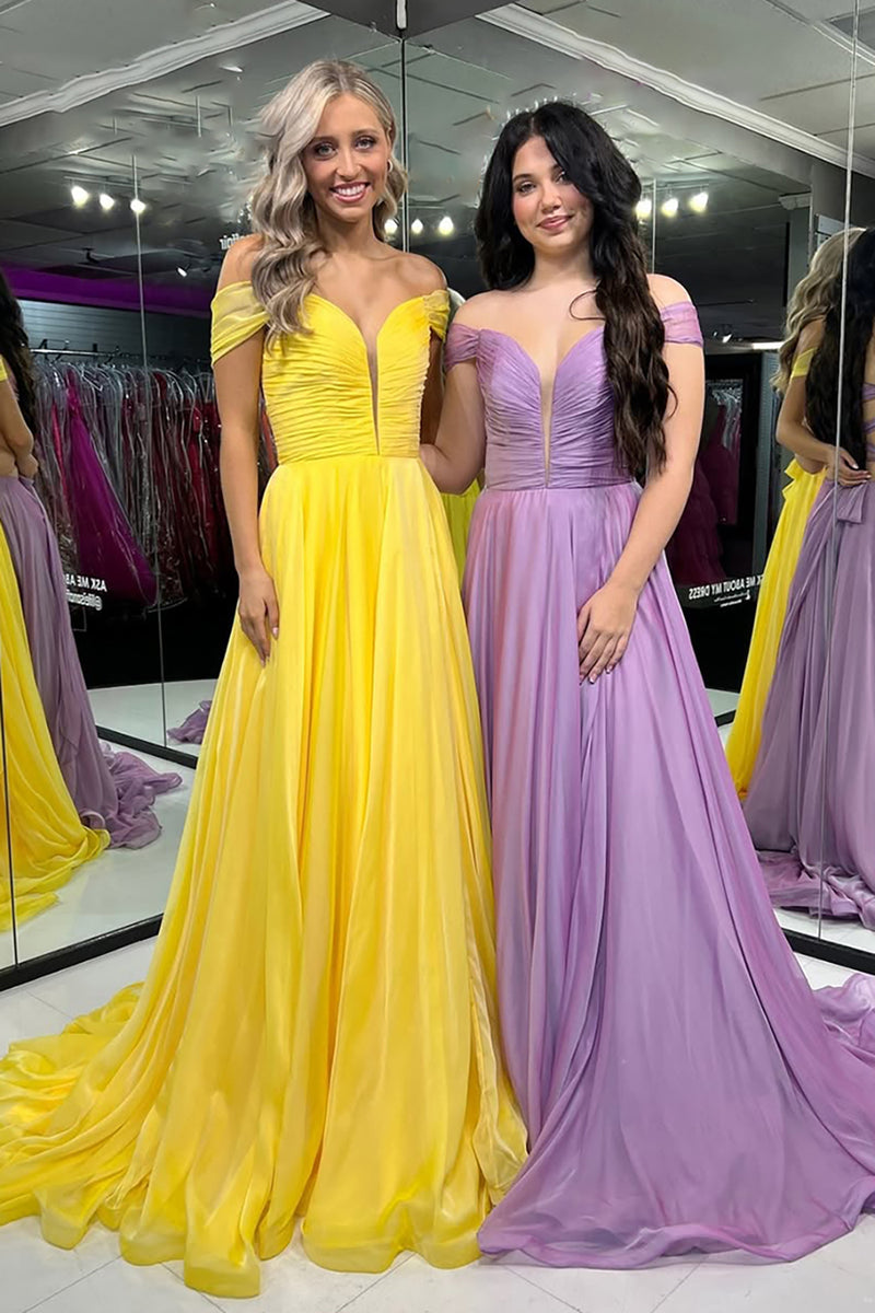 Load image into Gallery viewer, Yellow Off the Shoulder A-Line Ruched Long Prom Dress