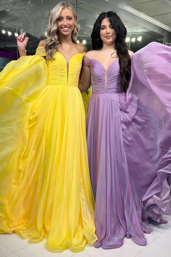 Yellow Off the Shoulder A-Line Ruched Long Prom Dress