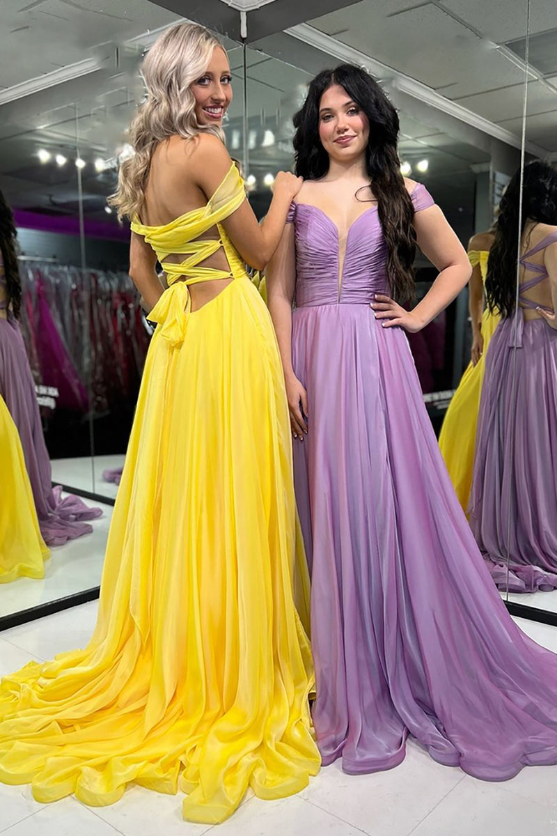 Load image into Gallery viewer, Yellow Off the Shoulder A-Line Ruched Long Prom Dress