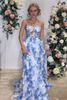 Load image into Gallery viewer, White Blue Flower Chiffon Tiered Sweetheart Long Corset Prom Dress