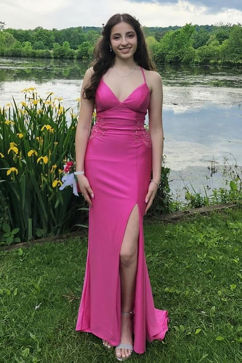 Load image into Gallery viewer, Fuchsia Spaghetti Straps Appliqued Long Prom Dress with Slit