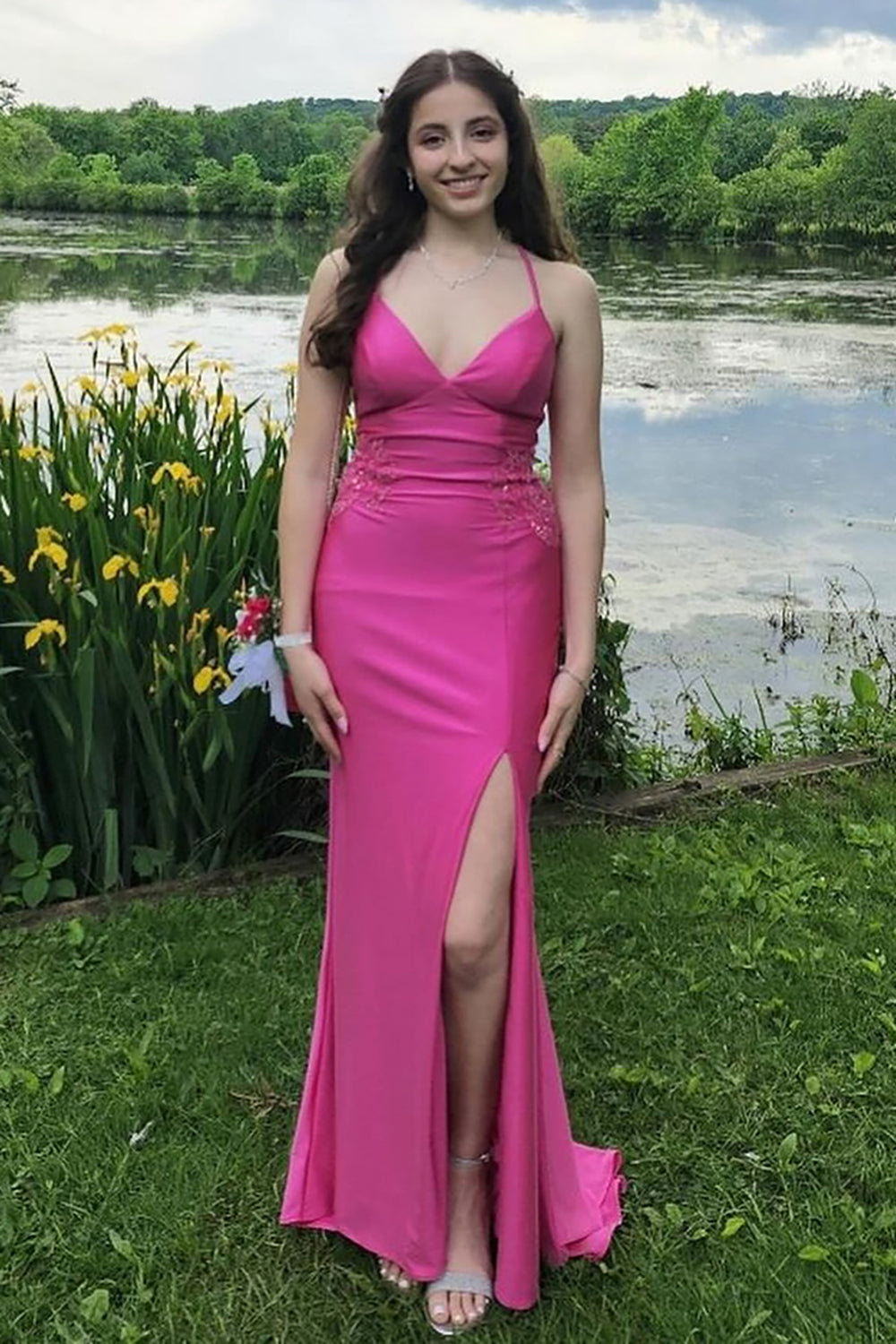 Fuchsia Spaghetti Straps Appliqued Long Prom Dress with Slit