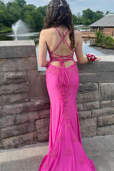 Fuchsia Spaghetti Straps Appliqued Long Prom Dress with Slit