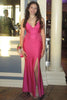 Load image into Gallery viewer, Fuchsia Spaghetti Straps Appliqued Long Prom Dress with Slit