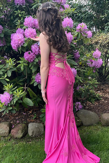 Fuchsia Spaghetti Straps Appliqued Long Prom Dress with Slit