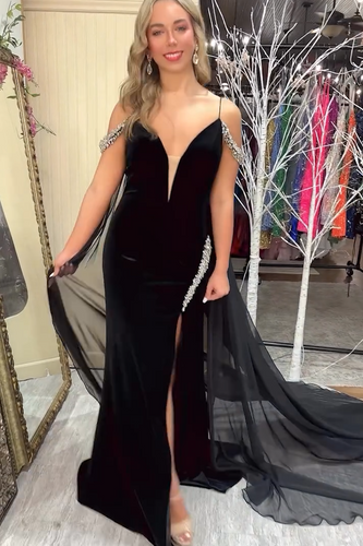 Sparkly Black Cold Shoulder Beaded Long Prom Dress with Slit