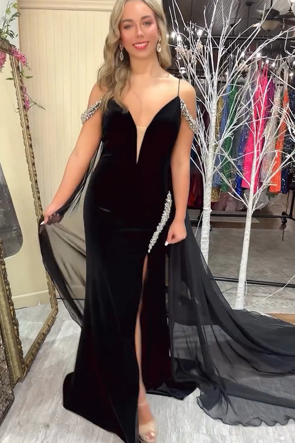 Sparkly Black Cold Shoulder Beaded Long Prom Dress with Slit