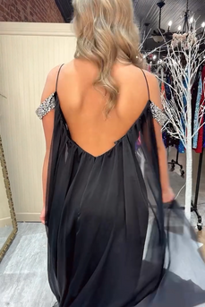 Sparkly Black Cold Shoulder Beaded Long Prom Dress with Slit