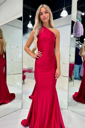 Red Mermaid One Shoulder Satin Long Prom Dress