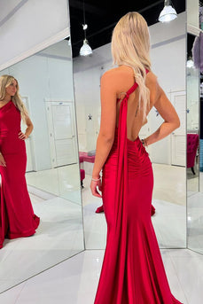 Red Mermaid One Shoulder Satin Long Prom Dress