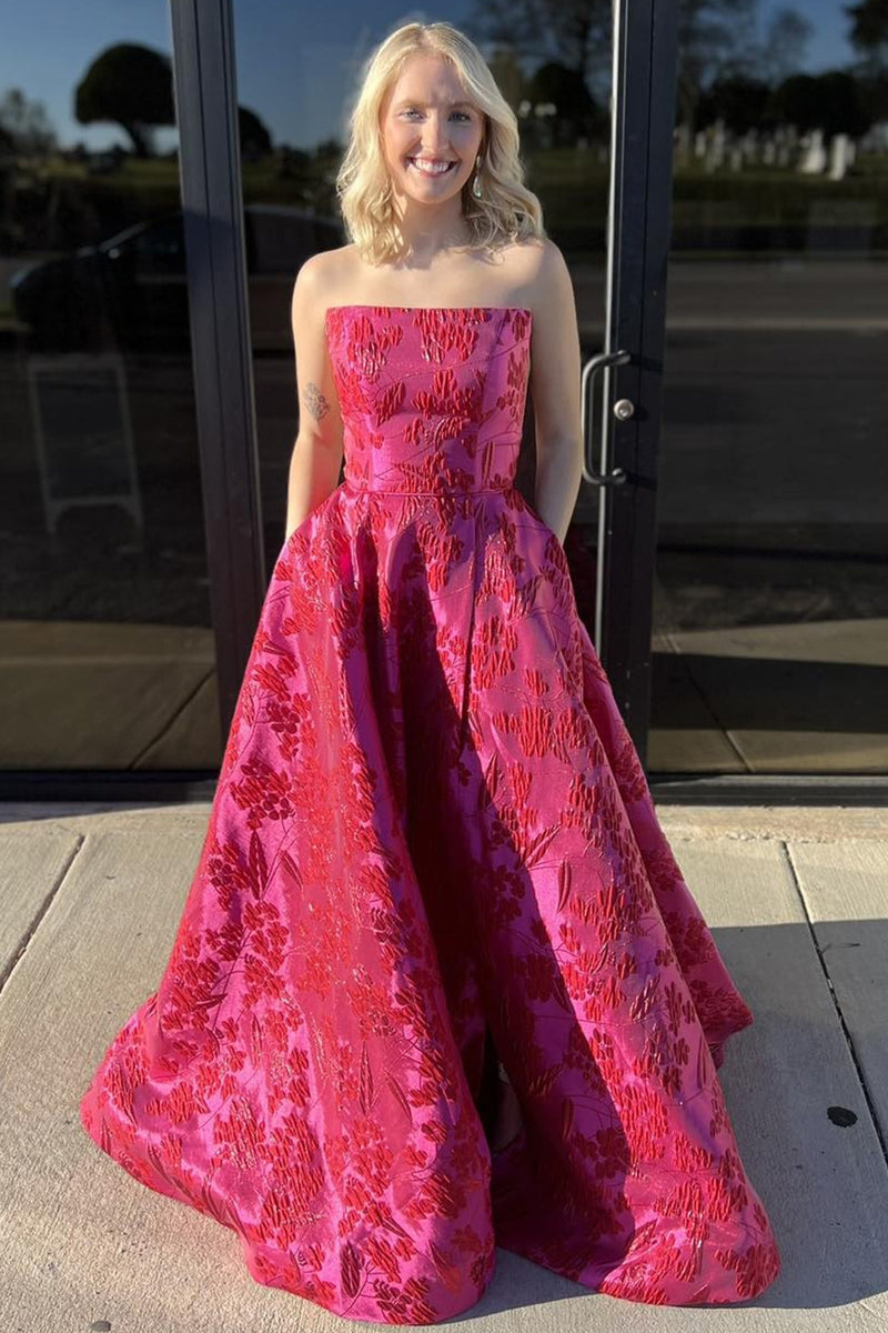 Load image into Gallery viewer, Floral Fuchsia A Line Strapless Long Prom Dress with Embroidery