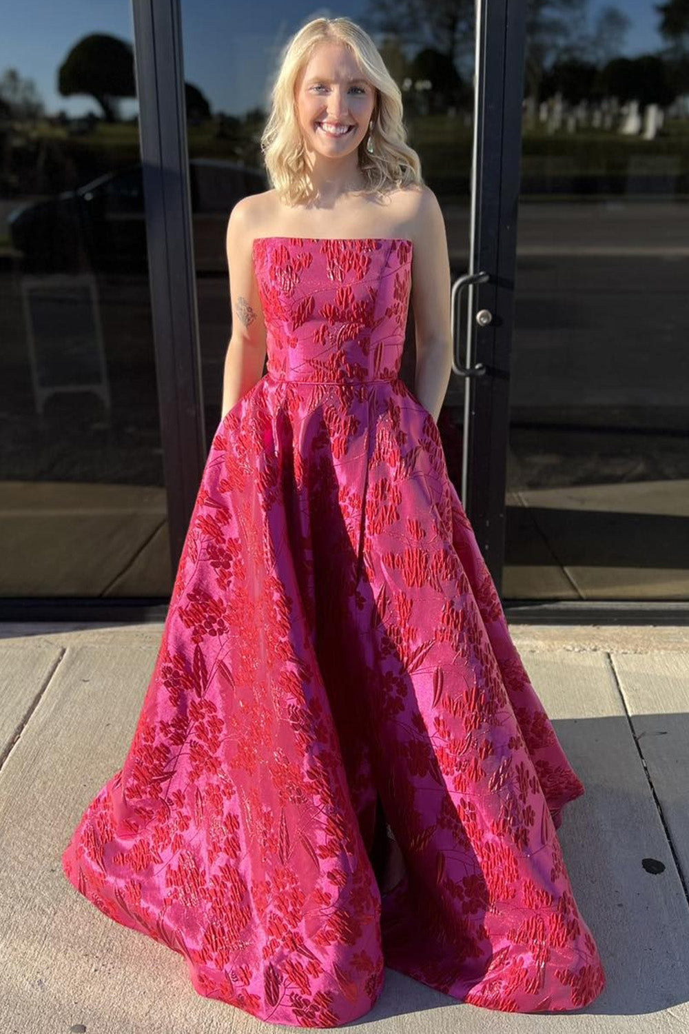 Floral Fuchsia A Line Strapless Long Prom Dress with Embroidery