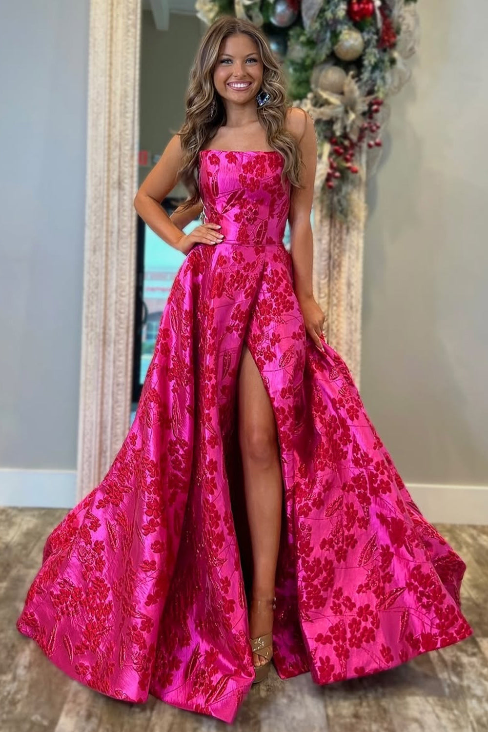 Fuchsia Floral A Line Strapless Long Prom Dress with Slit