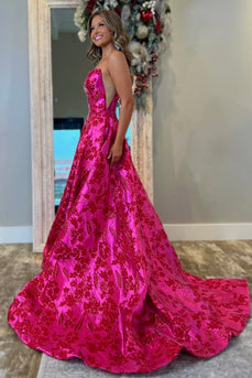 Fuchsia Floral A Line Strapless Long Prom Dress with Slit