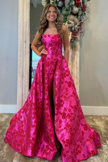 Fuchsia Floral A Line Strapless Long Prom Dress with Slit