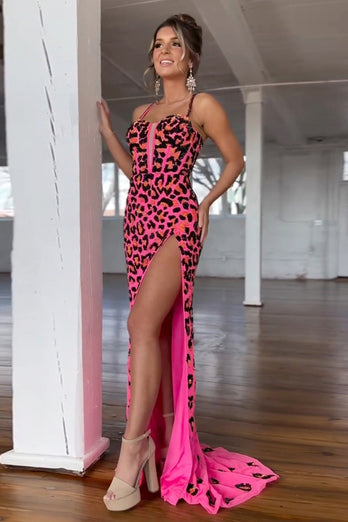 Cheetah Printed Fuchsia Corset Long Prom Dress with Slit