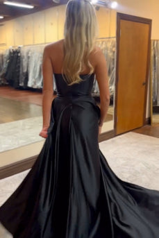 Black Strapless Ruched Long Satin Prom Dress with Slit