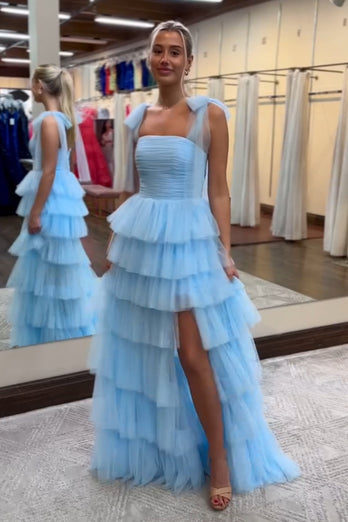 Blue A Line Tiered Tulle Long Prom Dress with Slit