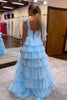 Load image into Gallery viewer, Blue A Line Tiered Tulle Long Prom Dress with Slit