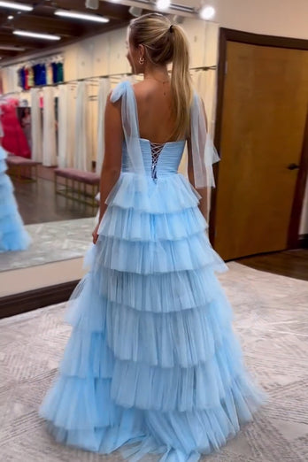 Blue A Line Tiered Tulle Long Prom Dress with Slit