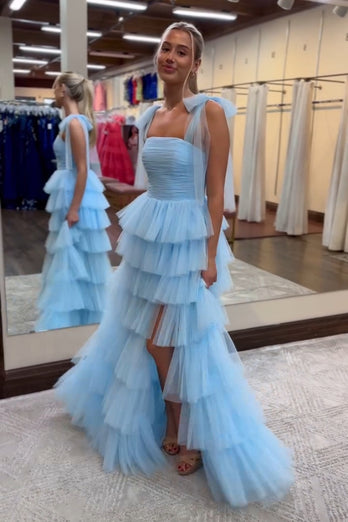 Blue A Line Tiered Tulle Long Prom Dress with Slit