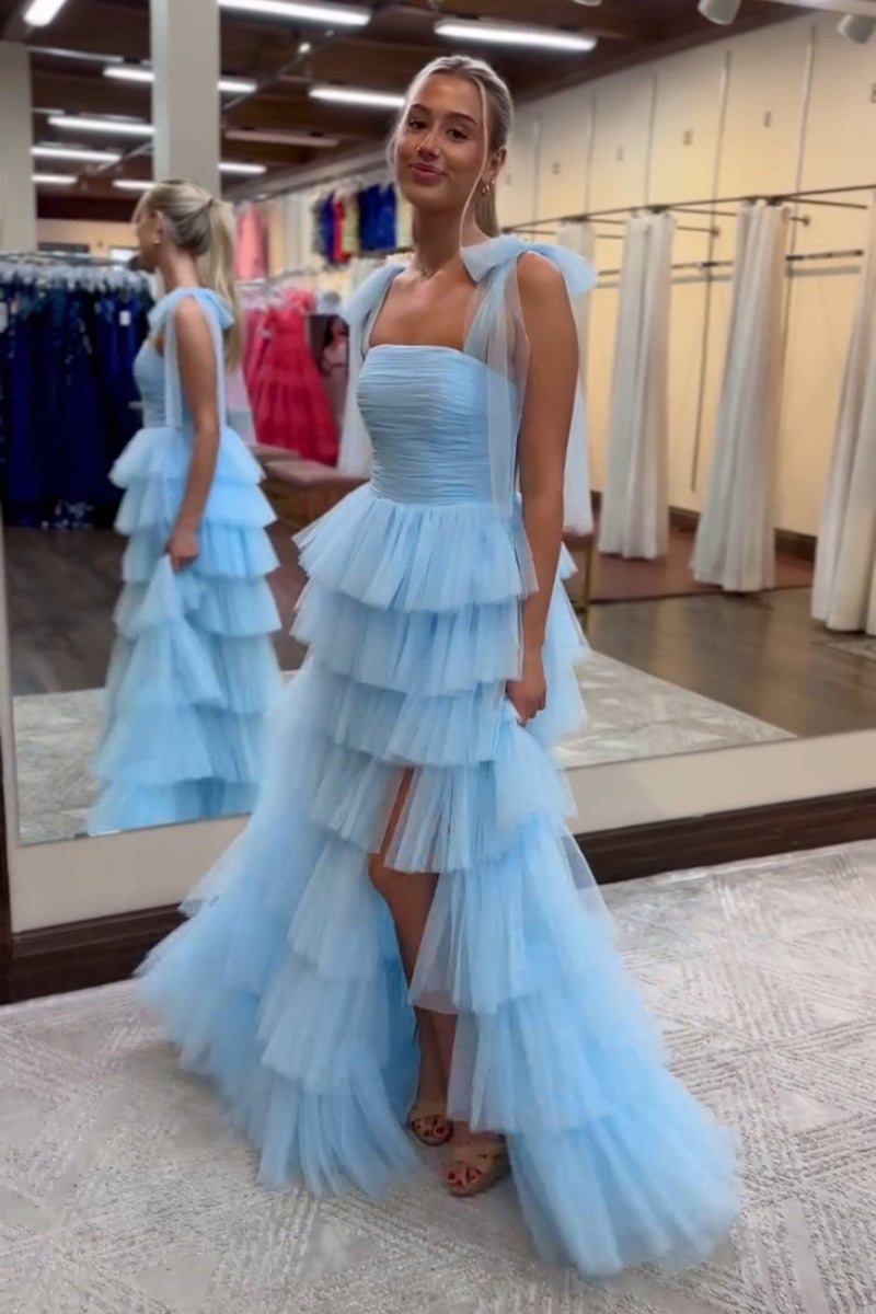 Load image into Gallery viewer, Blue A Line Tiered Tulle Long Prom Dress with Slit