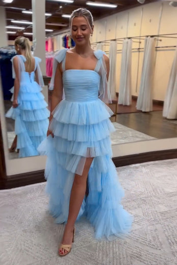 Blue A Line Tiered Tulle Long Prom Dress with Slit