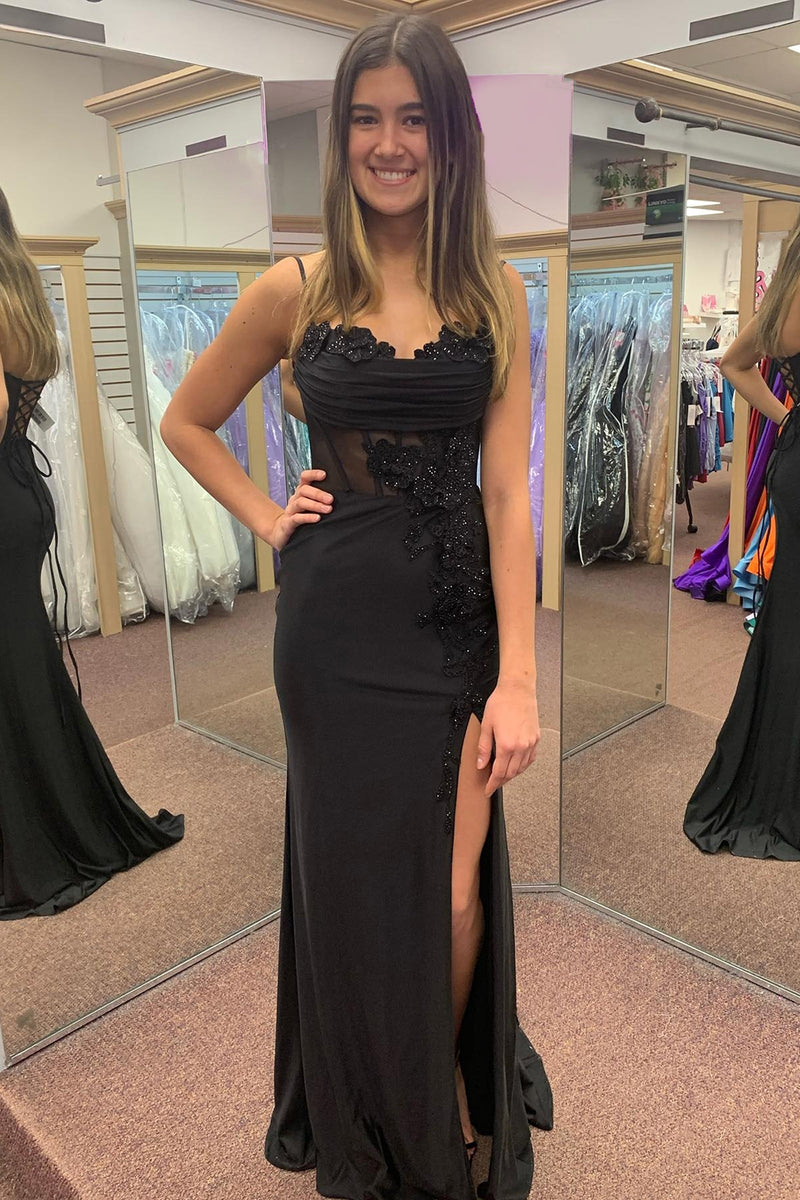 Load image into Gallery viewer, Sparkly Black Corset Spaghetti Straps Long Prom Dress with Slit