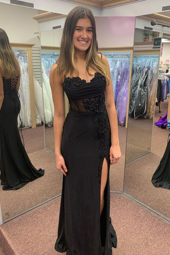 Sparkly Black Corset Spaghetti Straps Long Prom Dress with Slit