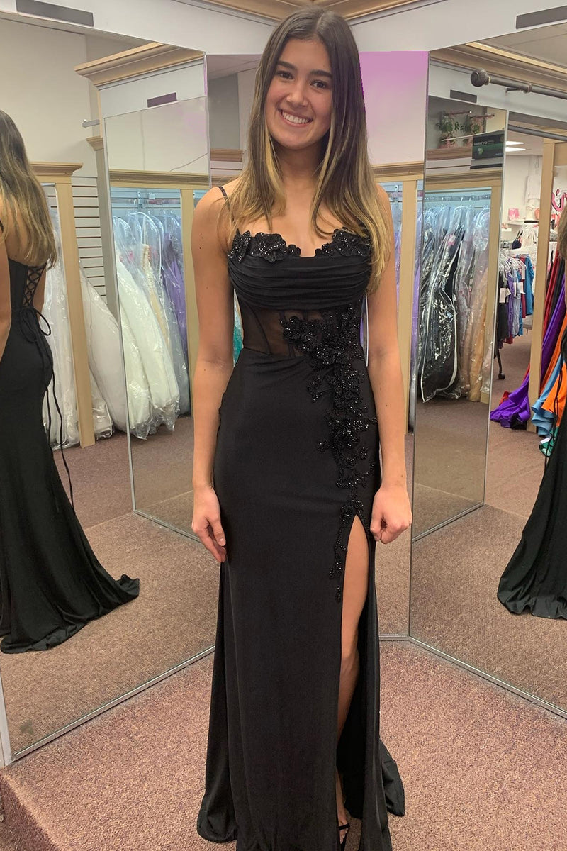 Load image into Gallery viewer, Sparkly Black Corset Spaghetti Straps Long Prom Dress with Slit