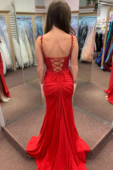 Sparkly Red Beaded Satin Long Corset Prom Dress with Slit