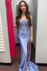 Load image into Gallery viewer, Floral Grey Blue Appliqued Long Corset Prom Dress with Slit