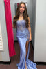 Load image into Gallery viewer, Floral Grey Blue Appliqued Long Corset Prom Dress with Slit