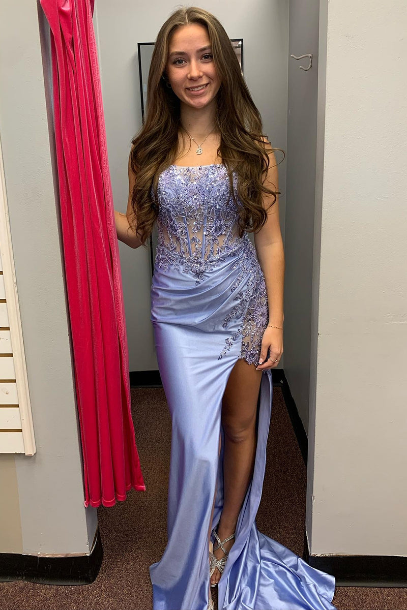 Load image into Gallery viewer, Floral Grey Blue Appliqued Long Corset Prom Dress with Slit