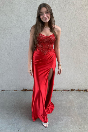 Sparkly Red Appliqued Spaghetti Straps Long Corset Prom Dress with Slit