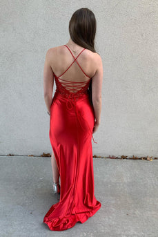 Sparkly Red Appliqued Spaghetti Straps Long Corset Prom Dress with Slit