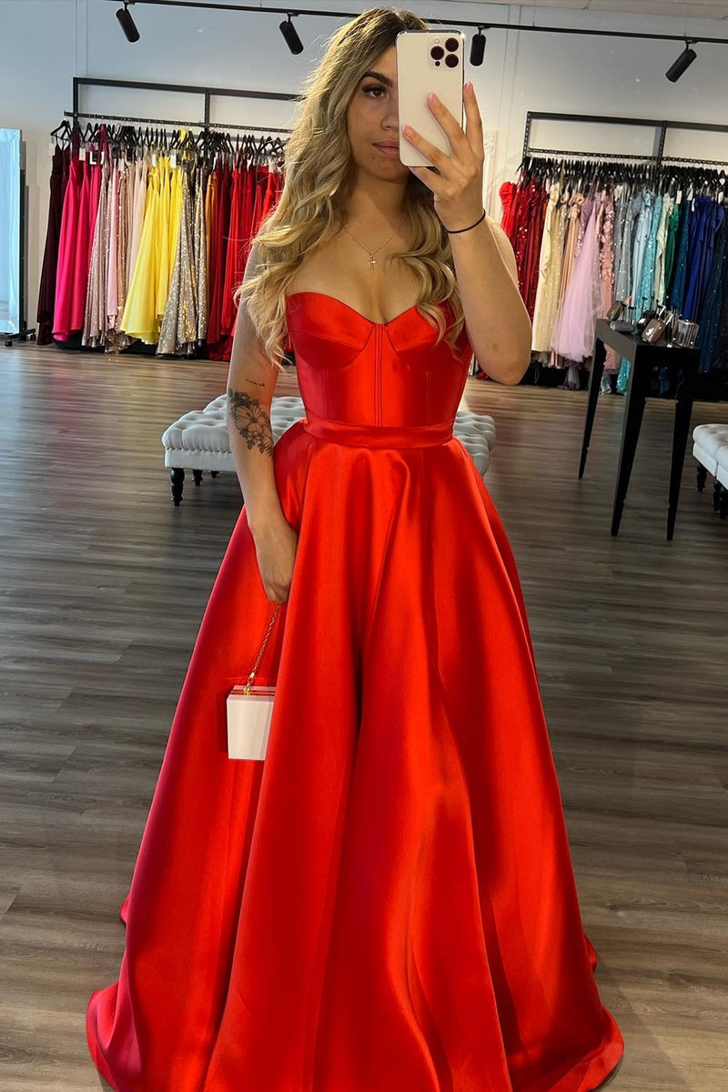 Load image into Gallery viewer, Red Sweetheart A Line Satin Long Prom Dress with Slit